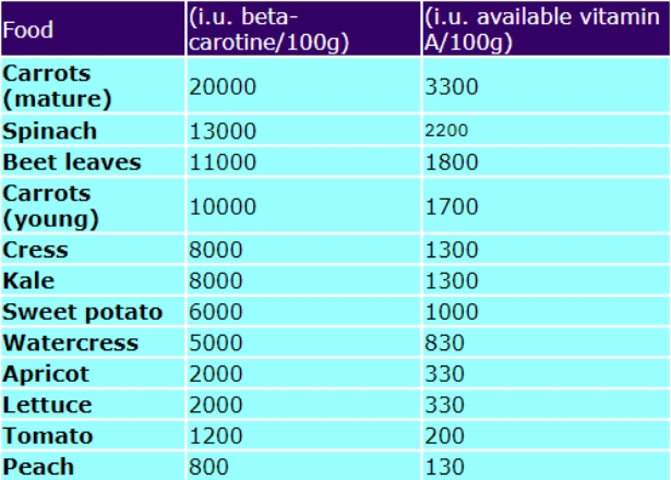 Fruits and vegetables and beta-carotene + available Vitamin A.